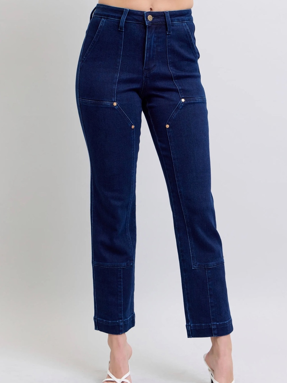 Judy Blue High-Rise Work Wear Knee Patch Straight Jeans Dark Wash Utility Denim - Picture 2 of 12
